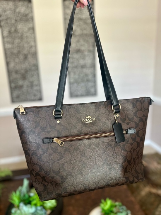 Coach Handbags - COACH Signature Brown Gallery Tote Bag with Gold Hardware